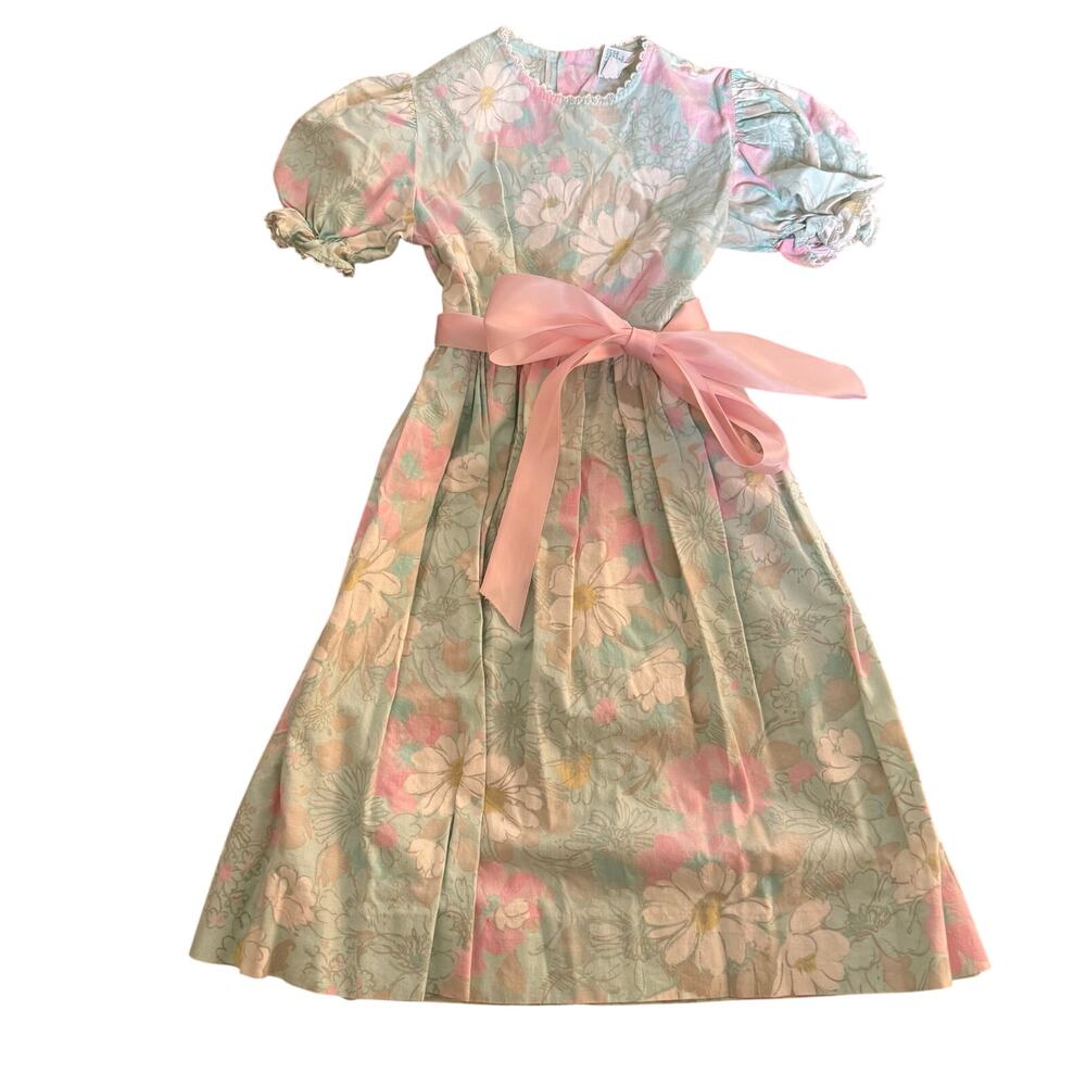 Peaches ‘N Cream vintage girls dress, pastel floral, puff sleeve, satin belt, 6X